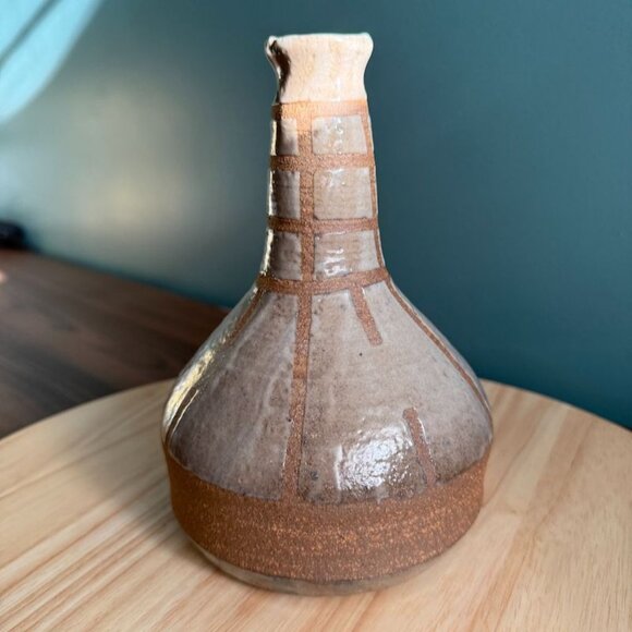 Vintage Handcrafted Asian Stoneware Vase Grayish White Brown Geometric - Picture 3 of 10